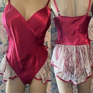 Vintage gold label Victoria's secret pink satin teddy lace ruffle skirt M